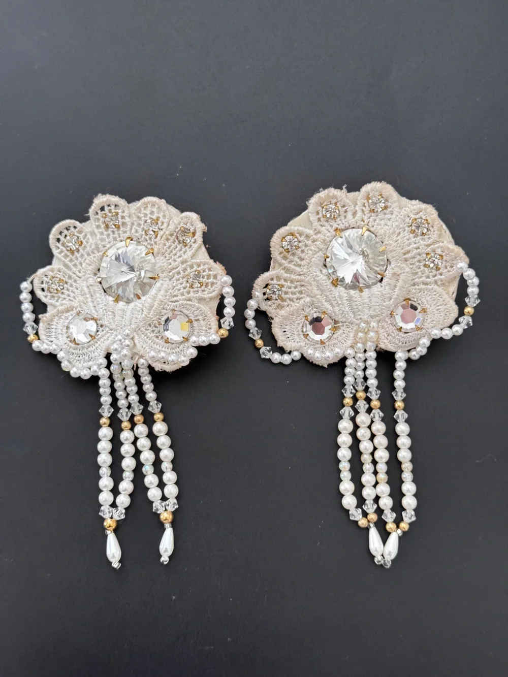 White Fabric Pearl Crystal Lace Floral Large White Dangle Statement Clip Earring